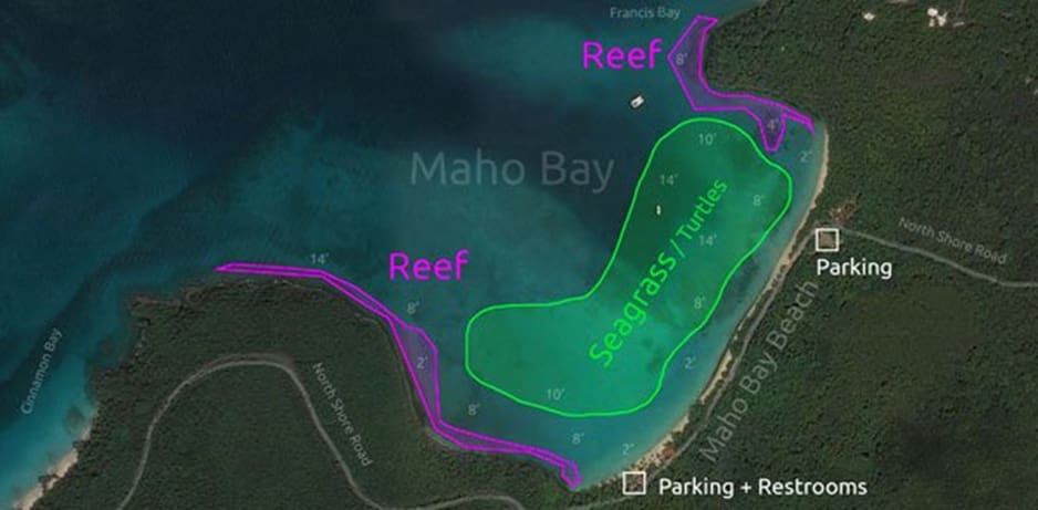 A map highlighting the idyllic location of Reef Bay in St John, nestled among pristine beaches.