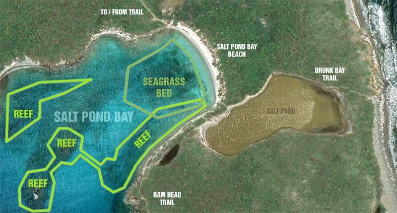 A map showing the location of a salt pond near St. John beaches.